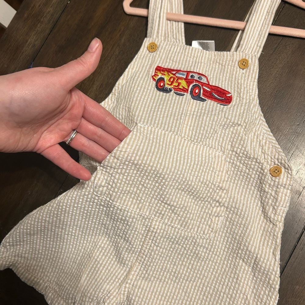 Disney Cars Beige Striped Searsucker Overalls - Picture 3 of 7